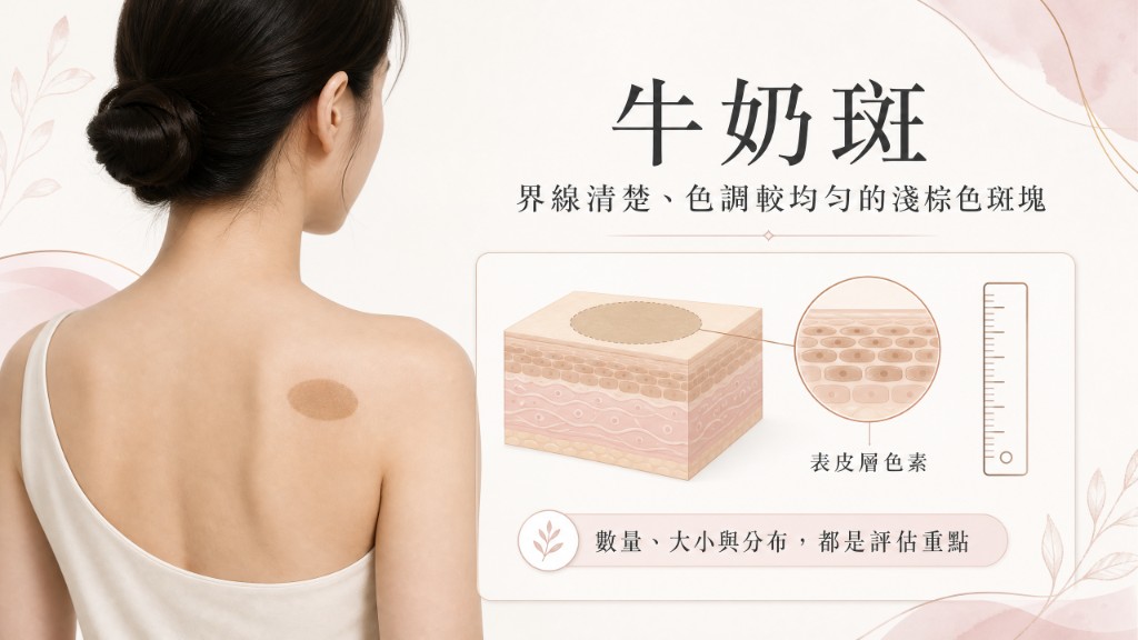 Café-au-lait macule: well-defined, evenly toned light brown patch